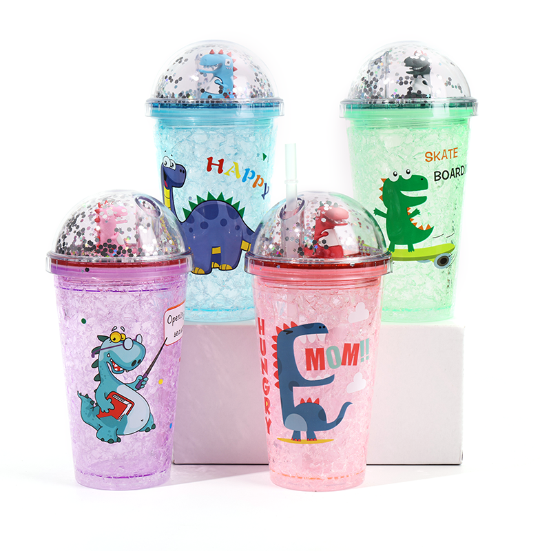 Vaso transparente con diseño de dinosaurio, tapa y popote con decoración de  corona, variedad de diseños / meo-706